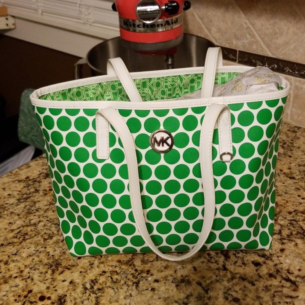 Michael Kors vibrant emerald green and white polka